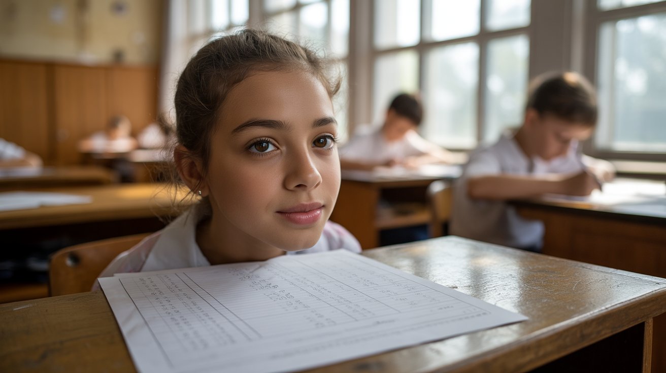 Confident student taking exam with peaceful expression showing faith and divine help