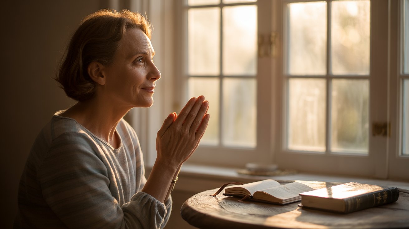 Person praying with gratitude during morning devotion for healing and peace