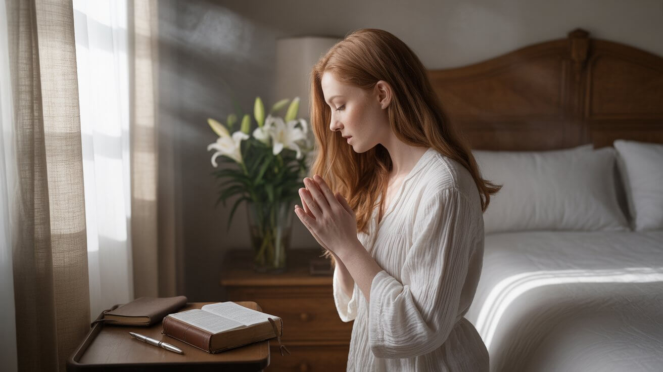 Person praying for peace in peaceful bedroom setting at dawn
