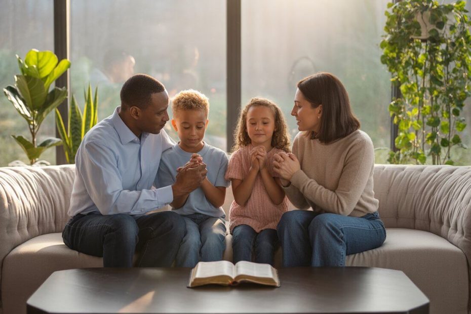 Family praying together for peace at home in bright living room