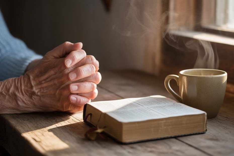 Parent praying for son struggling with drug addiction with Bible and morning light