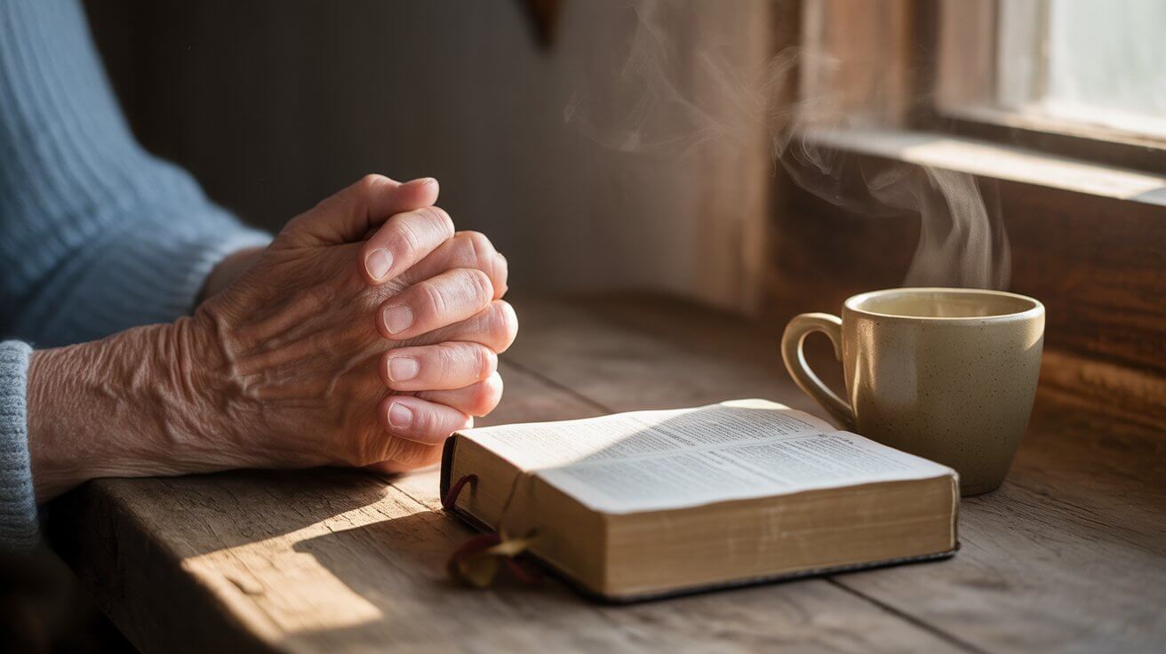 Parent praying for son struggling with drug addiction with Bible and morning light