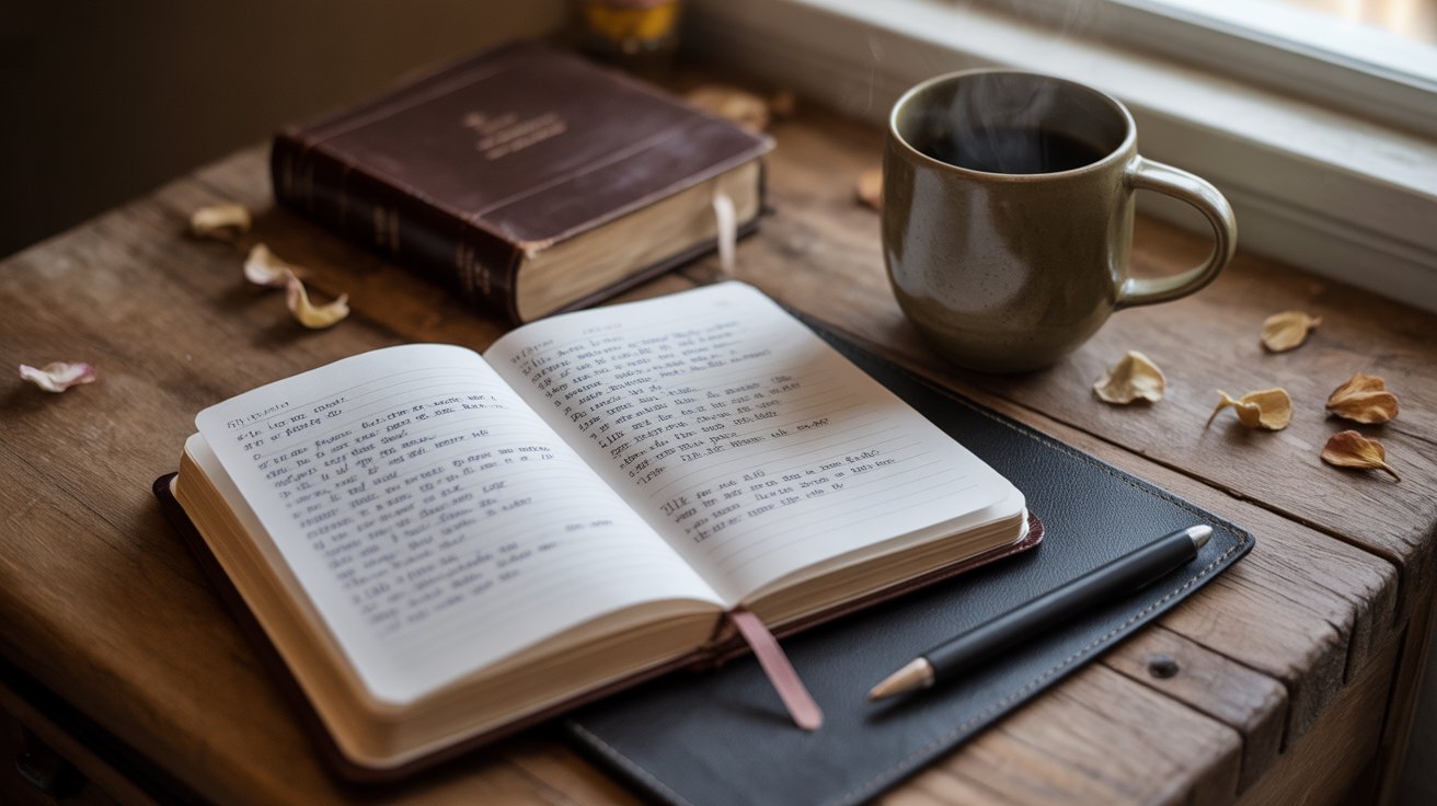 Prayer journal with prayers for self control and open Bible