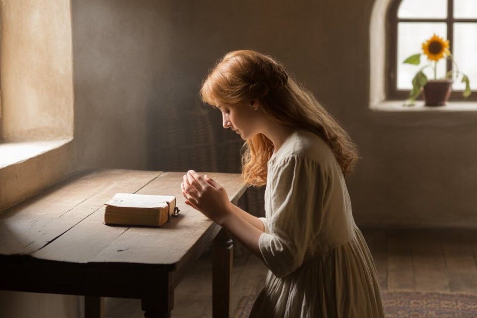 Person praying for self control with open Bible during morning devotion