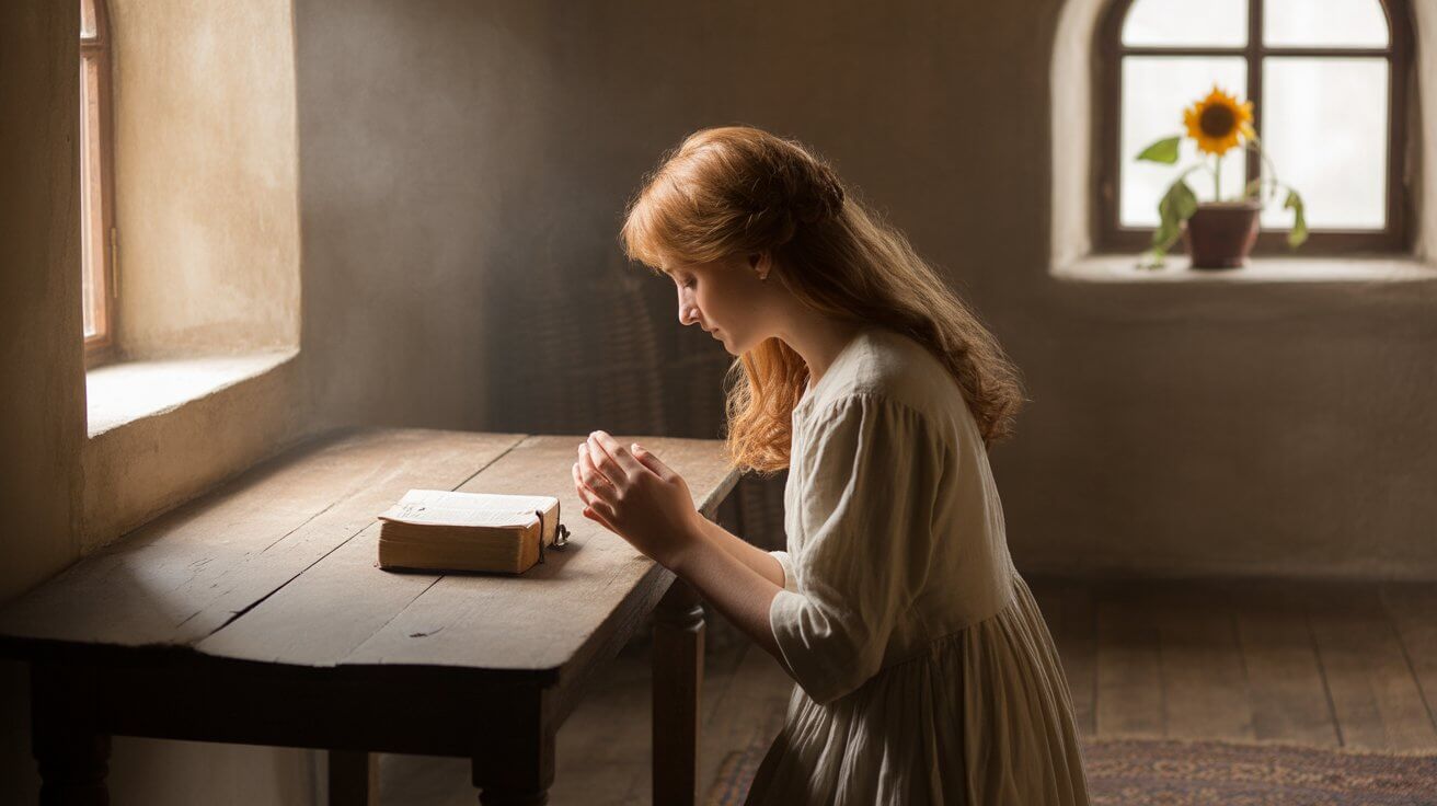 Person praying for self control with open Bible during morning devotion