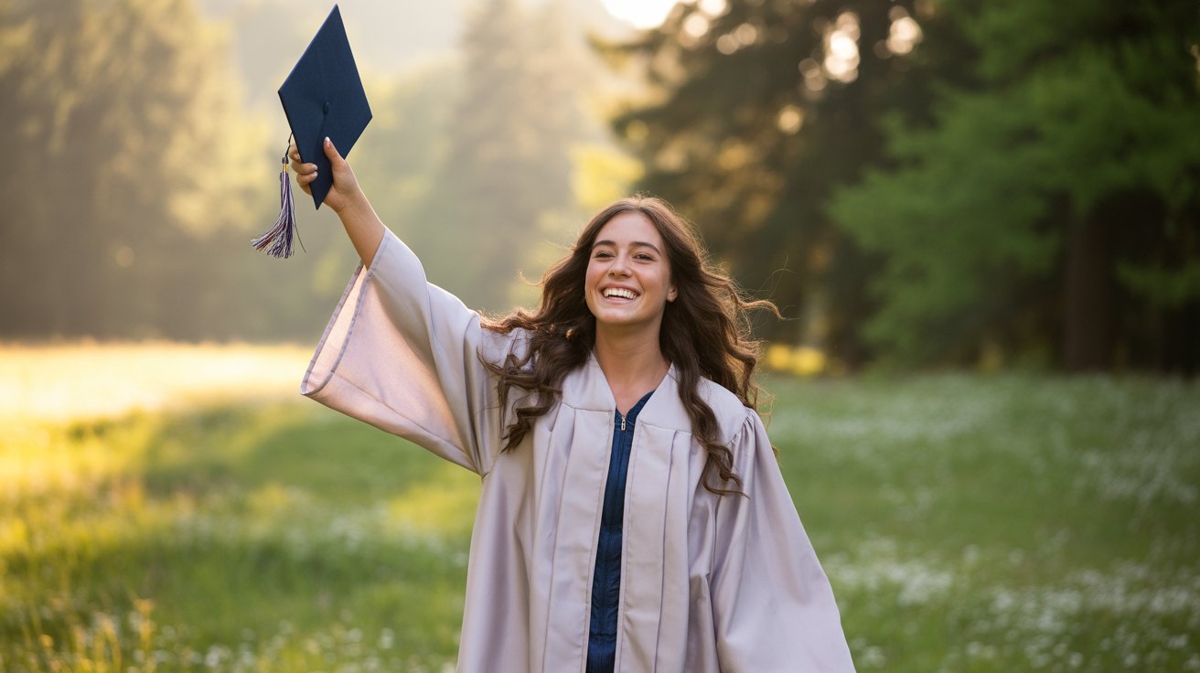 Happy student celebrating exam success and praising God outdoors