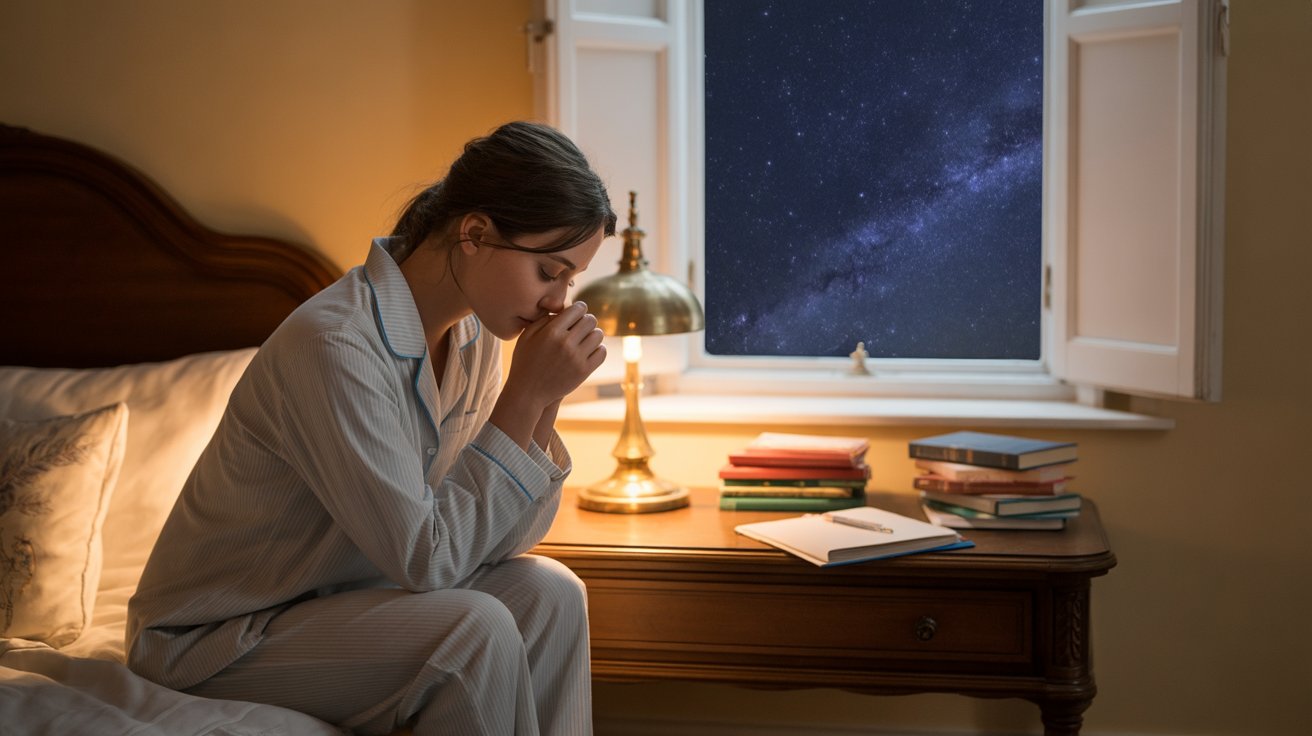 Student praying peacefully at bedside the night before an important exam