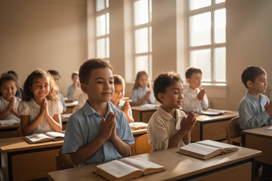 Students praying together before taking exams in bright classroom