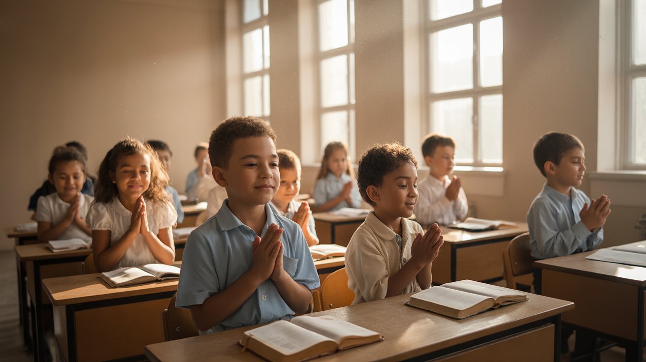 Students praying together before taking exams in bright classroom