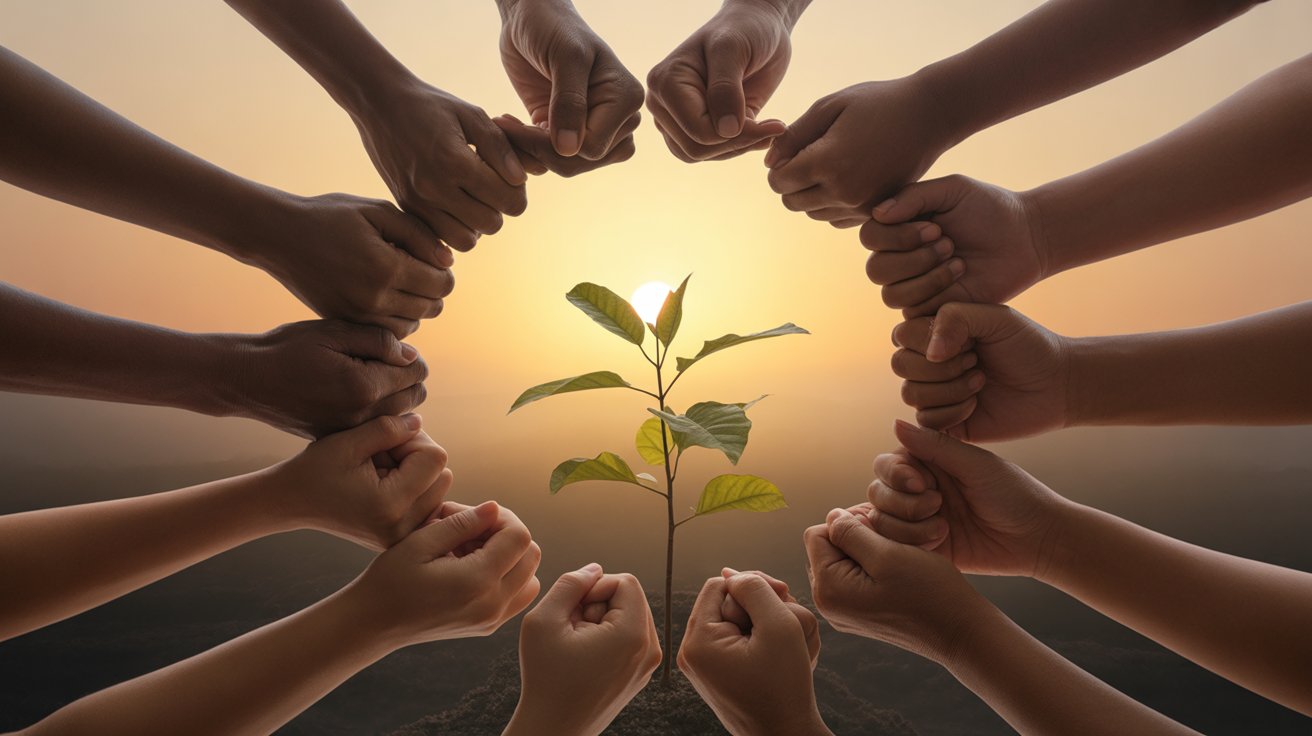 Thankful prayers for healing - diverse people praying together with hope and gratitude