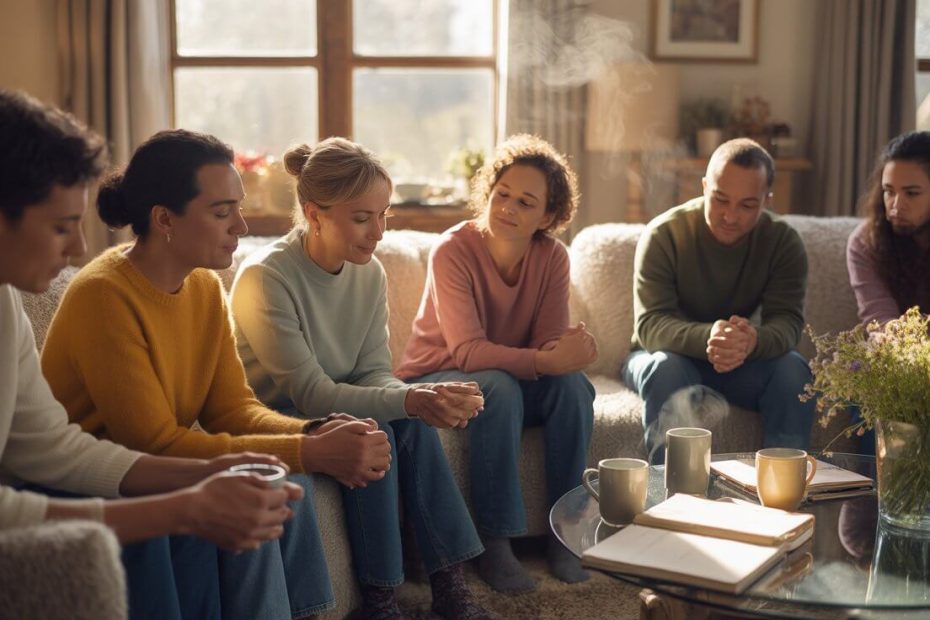 People praying short prayers in morning light with coffee and journals