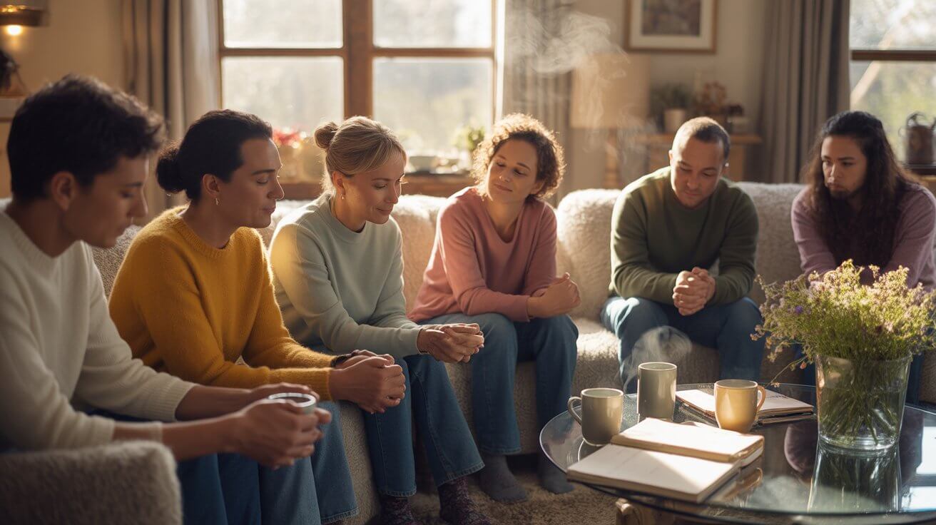 People praying short prayers in morning light with coffee and journals