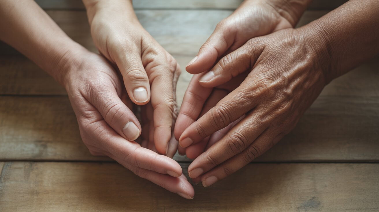Community of believers joining hands in thankful prayer for healing and faith