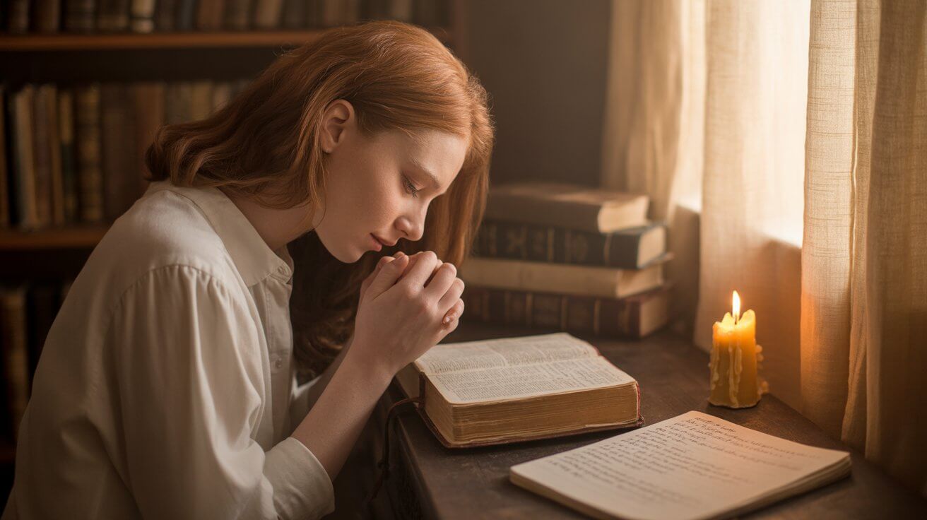 Person in deep extended prayer time with open Bible and journal