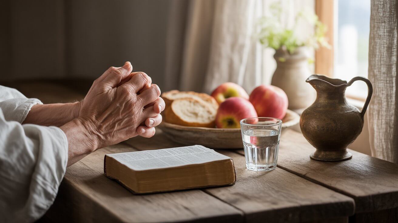 Hands in prayer over simple meal expressing gratitude to God