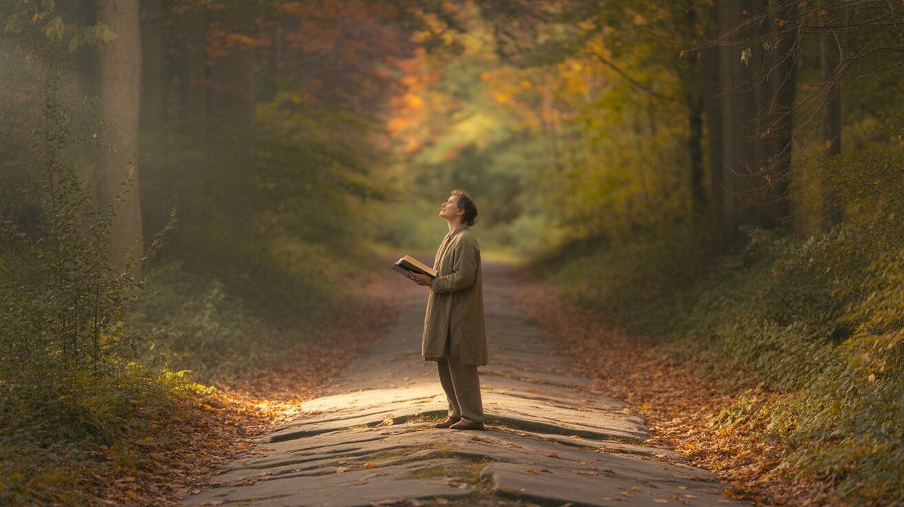 Person seeking guidance in prayer at crossroads with open Bible