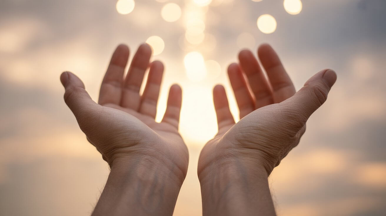 Hands raised in thankful prayer for healing and God's comfort