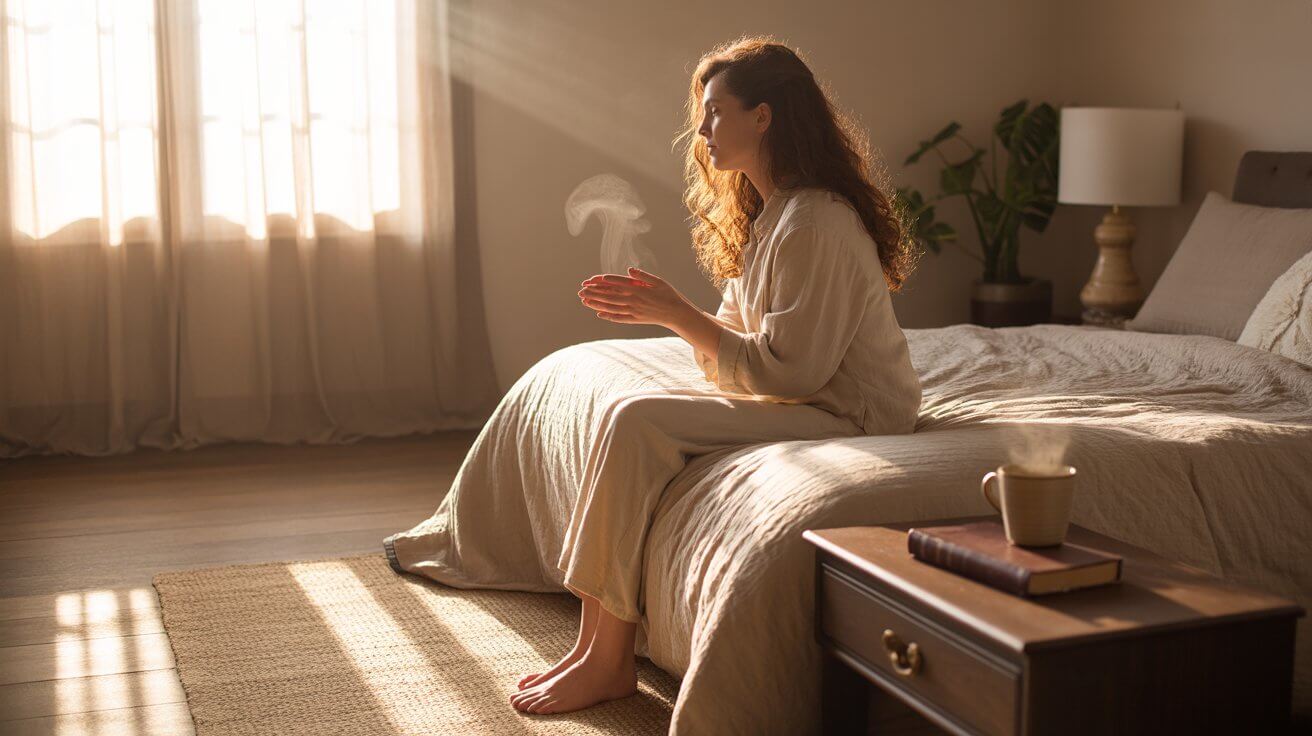 Person saying morning prayer at sunrise with Bible and coffee on nightstand