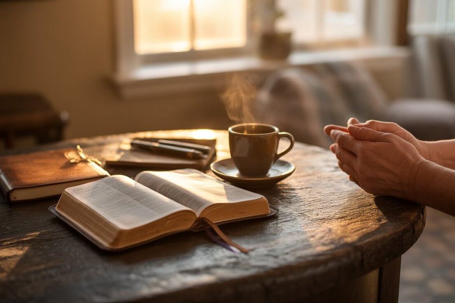 Person praying with open Bible during sunrise morning devotion building intimacy with God