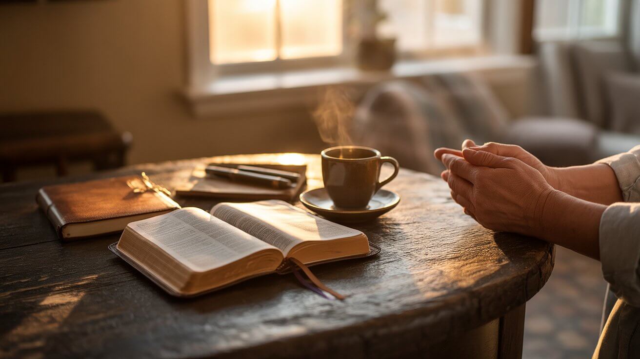 Person praying with open Bible during sunrise morning devotion building intimacy with God