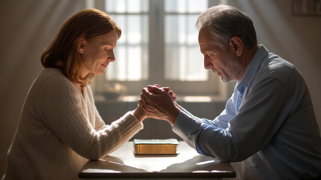 Two people holding hands praying together in supportive intercession
