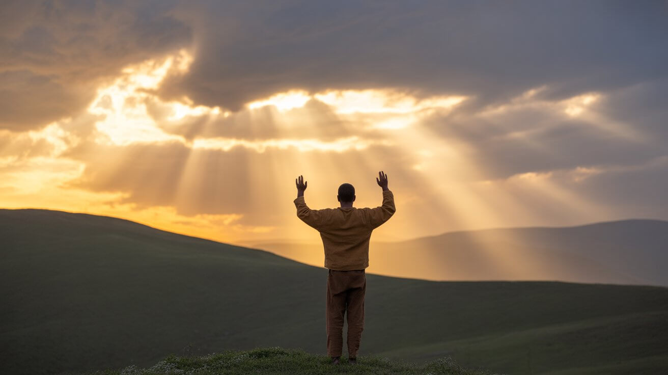Person with raised arms receiving strength from God under dramatic sky