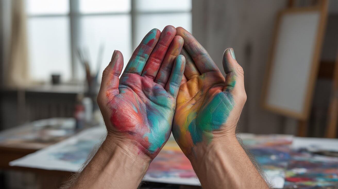 Paint-covered artist hands open in prayer position