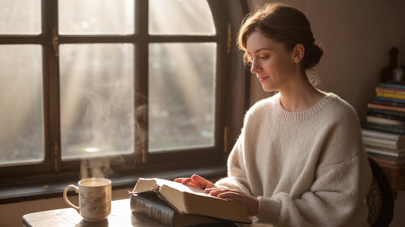 Artist in quiet morning devotion with Bible and coffee