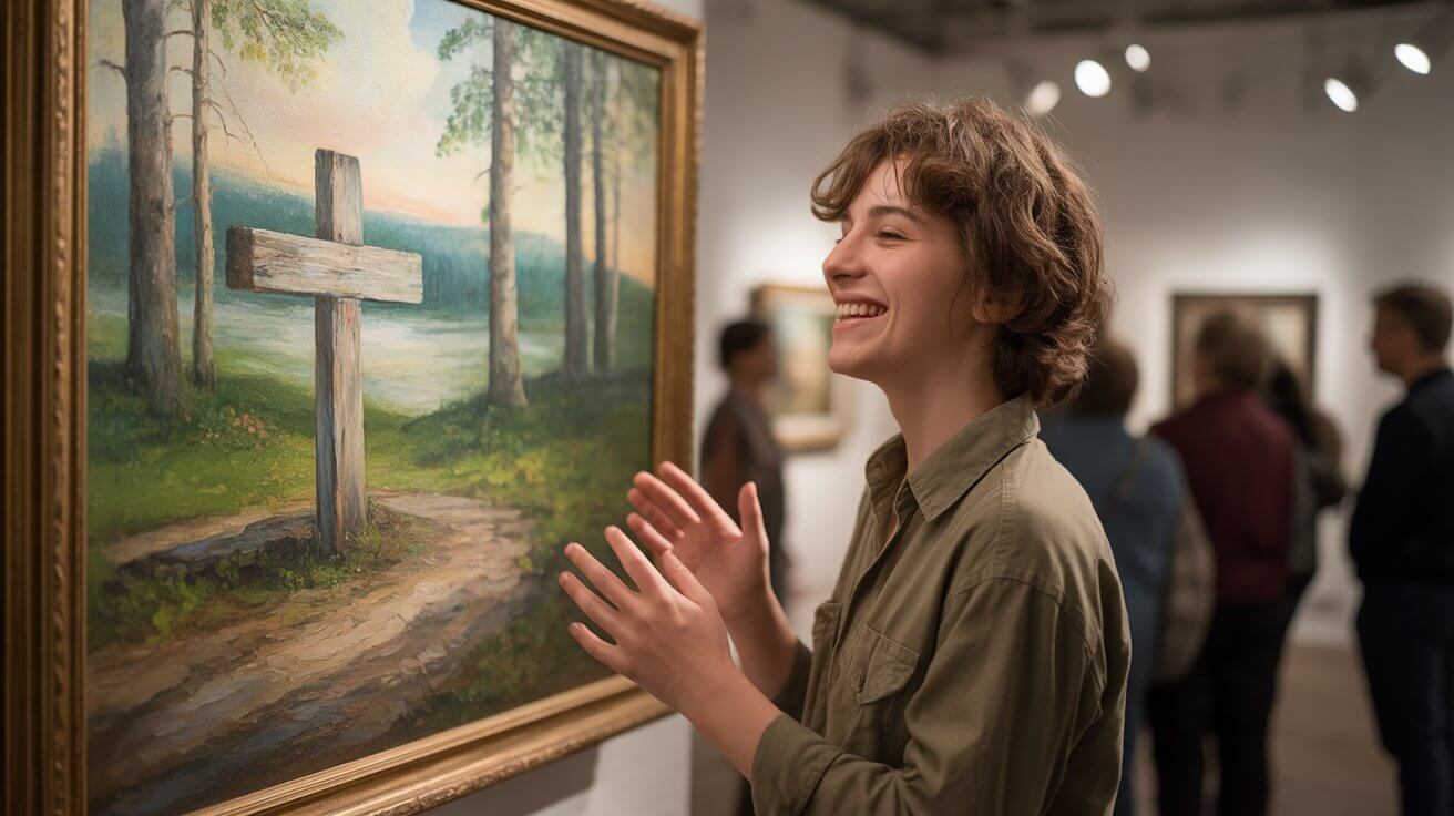 Artist praising God beside completed artwork with cross imagery