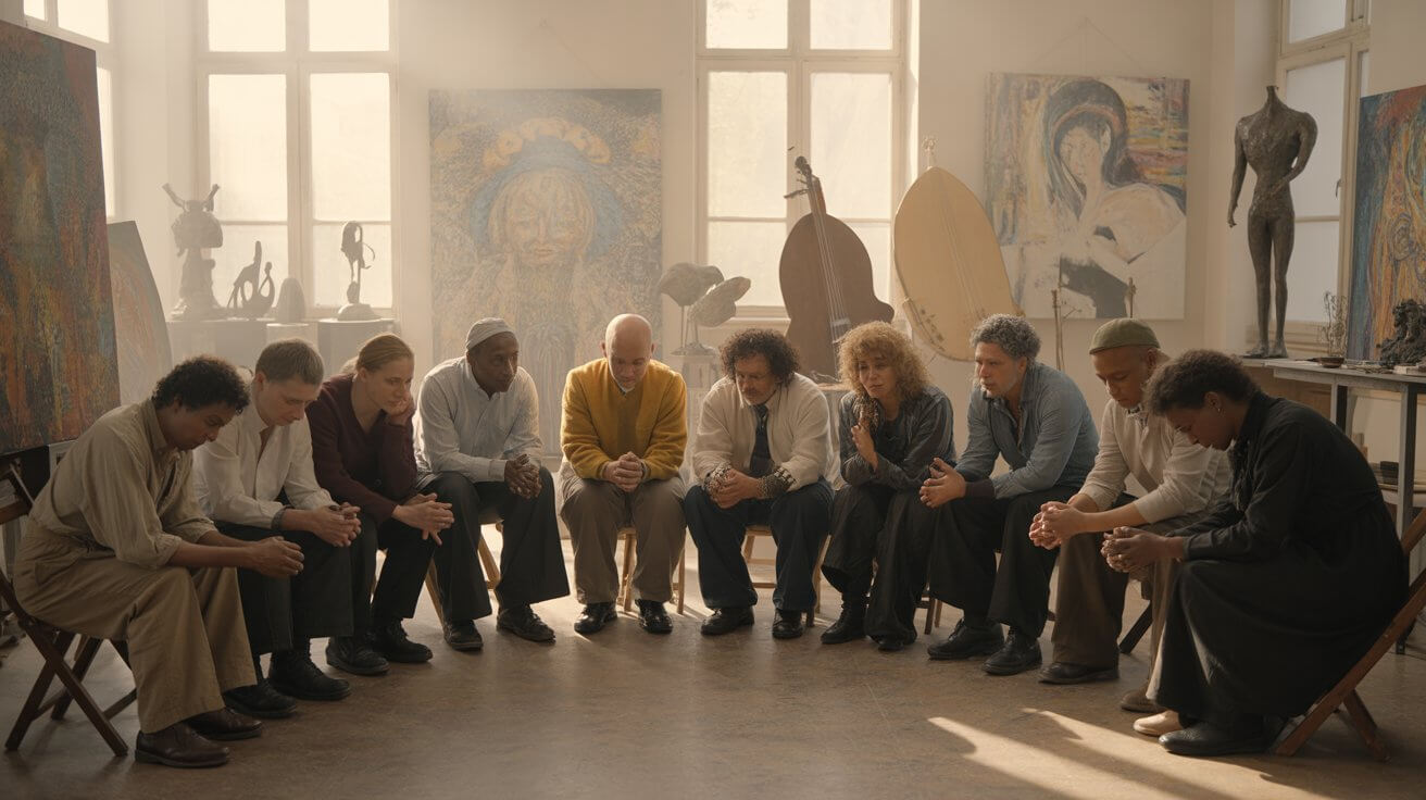 Group of diverse artists praying together in community