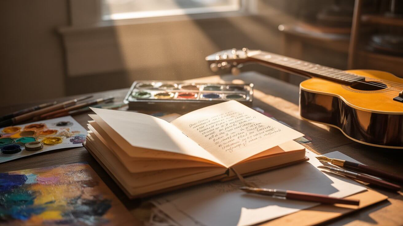 Artist workspace with light streaming onto prayer journal