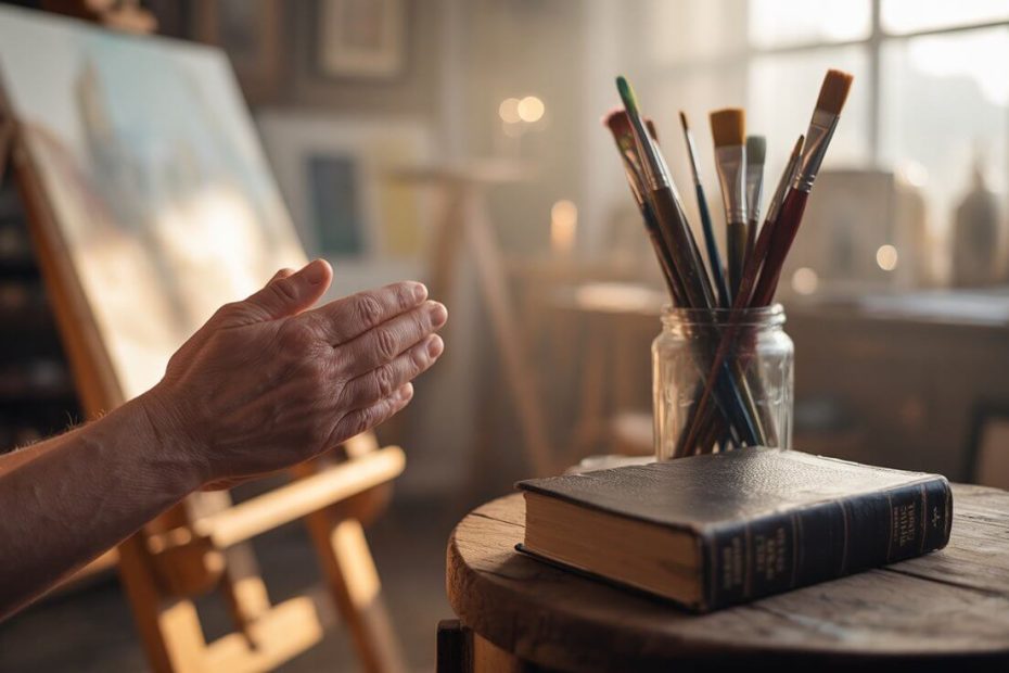 Artist praying in studio with brushes and Bible representing prayer for artists
