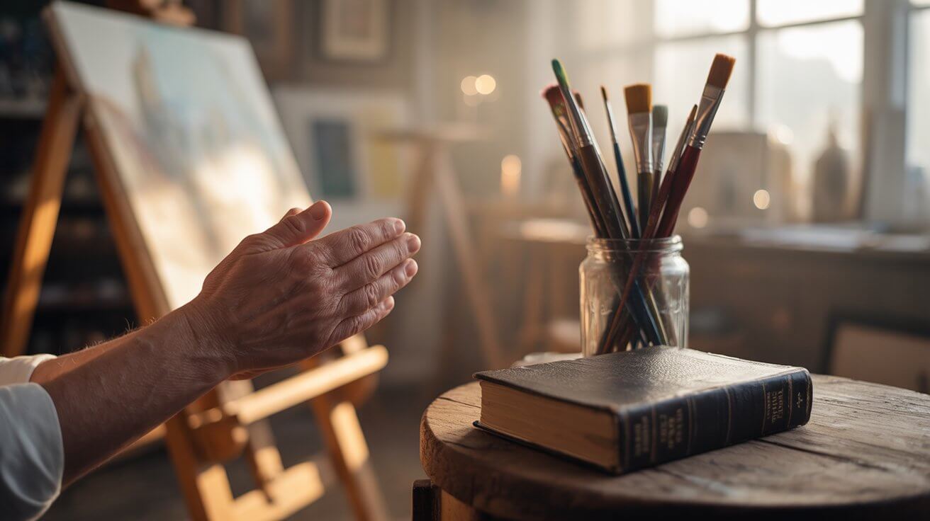 Artist praying in studio with brushes and Bible representing prayer for artists