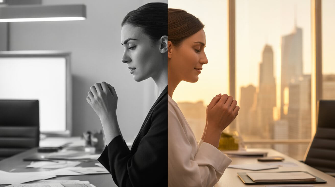 Before and after transformation through prayer for work stress relief