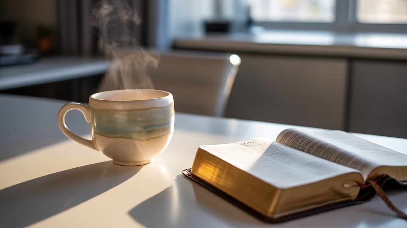 Bible and coffee on desk for morning prayer before work