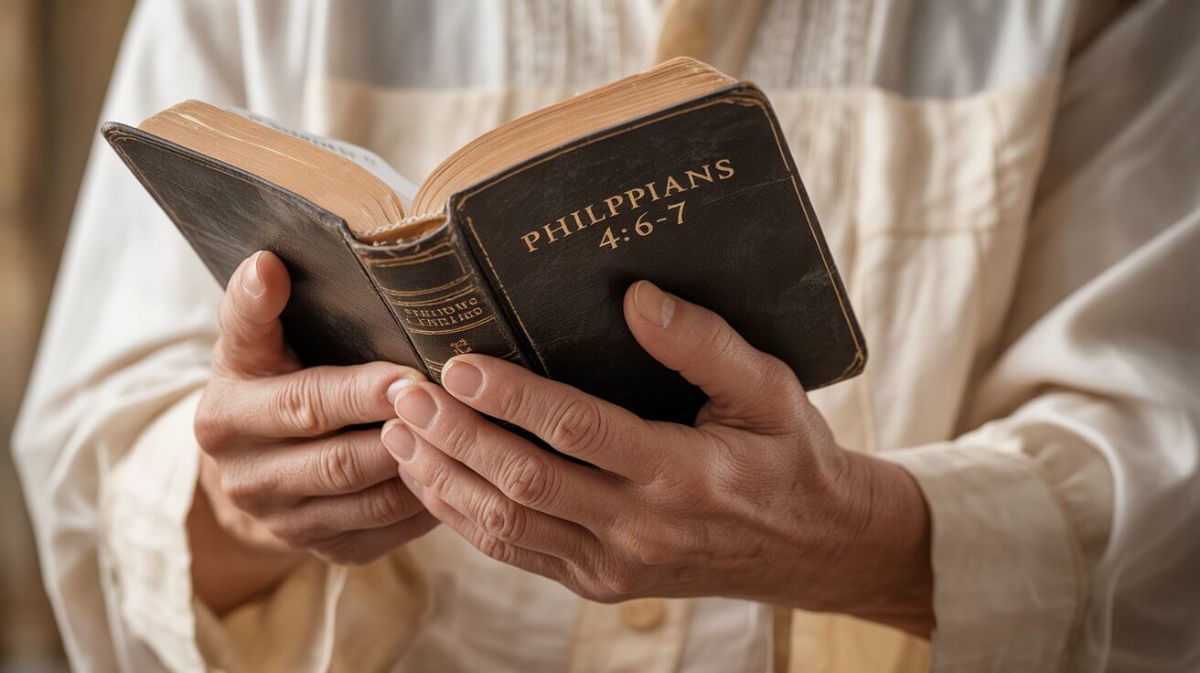 Hands holding open Bible to Philippians verse about anxiety and finding peace through prayer