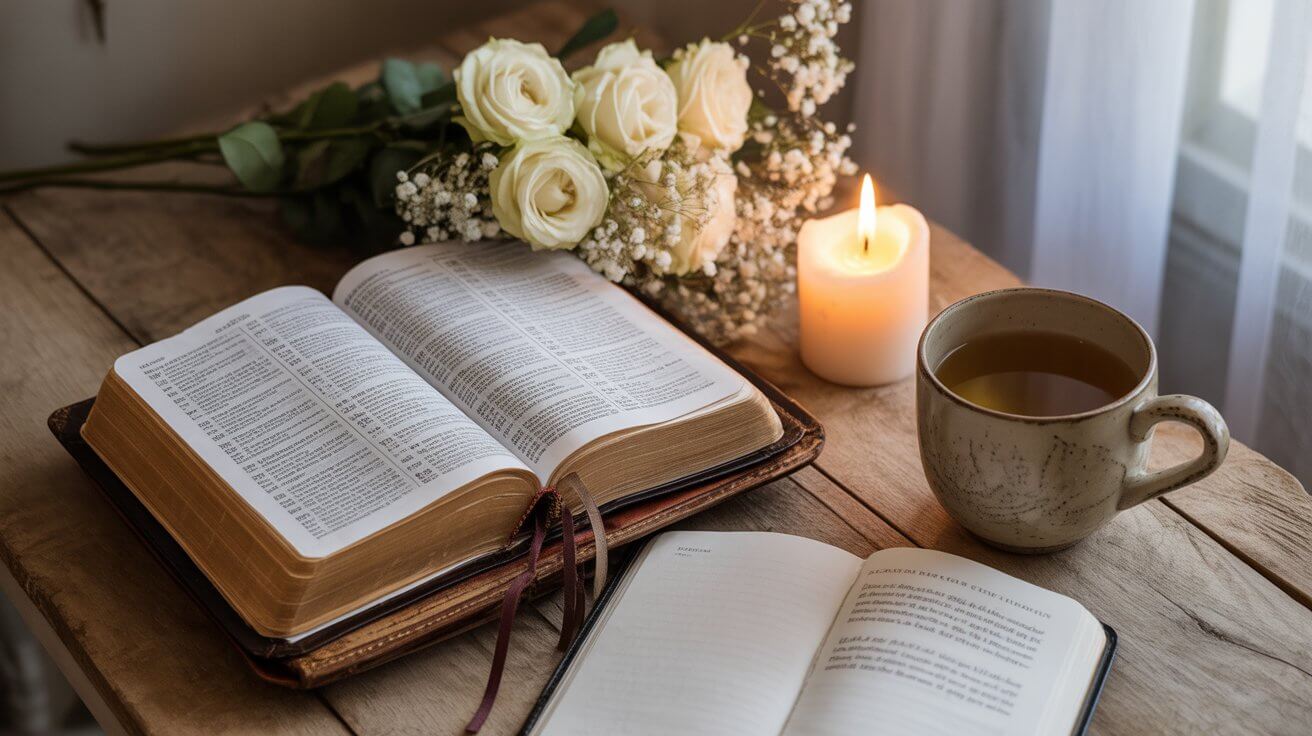 Devotional setup with Bible verses and journal for calming anxious thoughts through Scripture