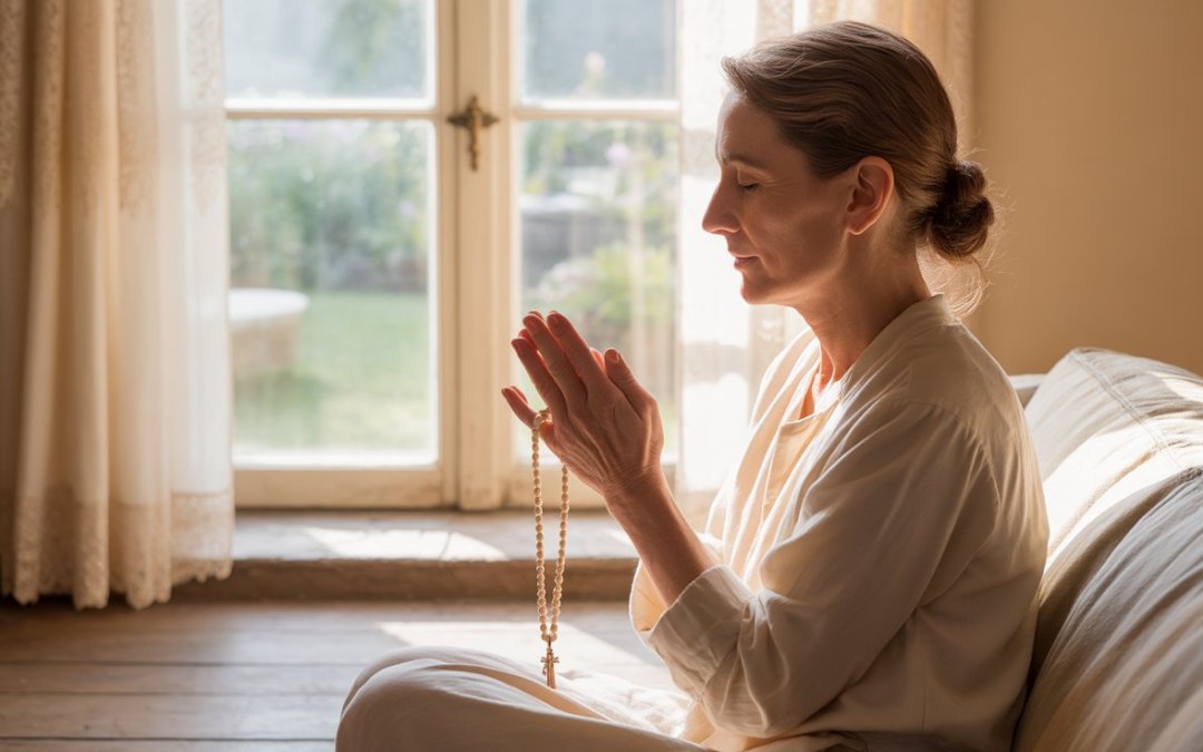 Woman praying peacefully by a window with rosary beads, finding calm through Catholic prayer for anxiety