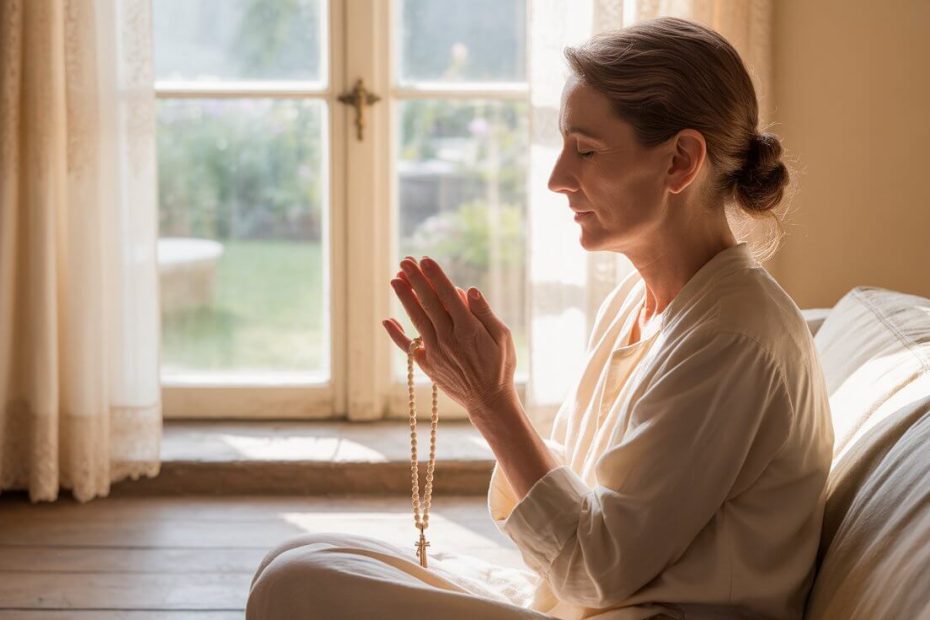 Woman praying peacefully by a window with rosary beads, finding calm through Catholic prayer for anxiety