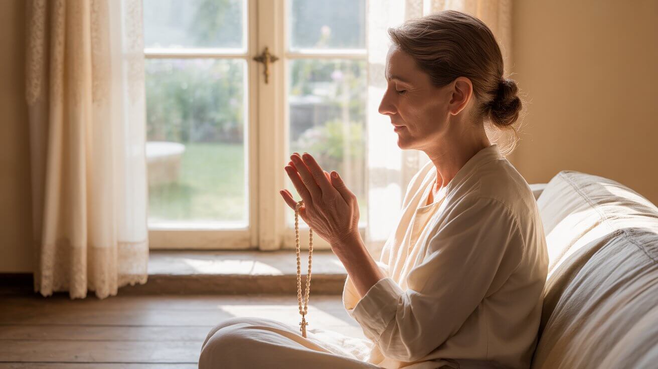 Woman praying peacefully by a window with rosary beads, finding calm through Catholic prayer for anxiety