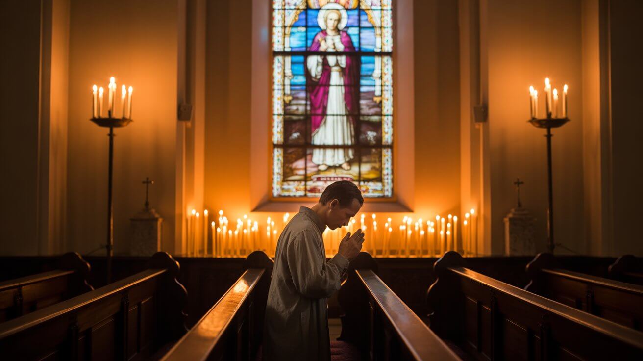 Person kneeling in Catholic church praying for impossible situations with candlelight and stained glass