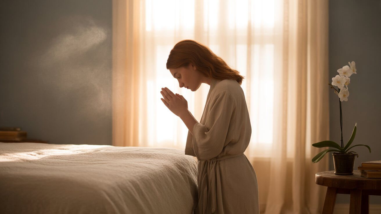 Person kneeling in morning prayer routine for daily anxiety relief