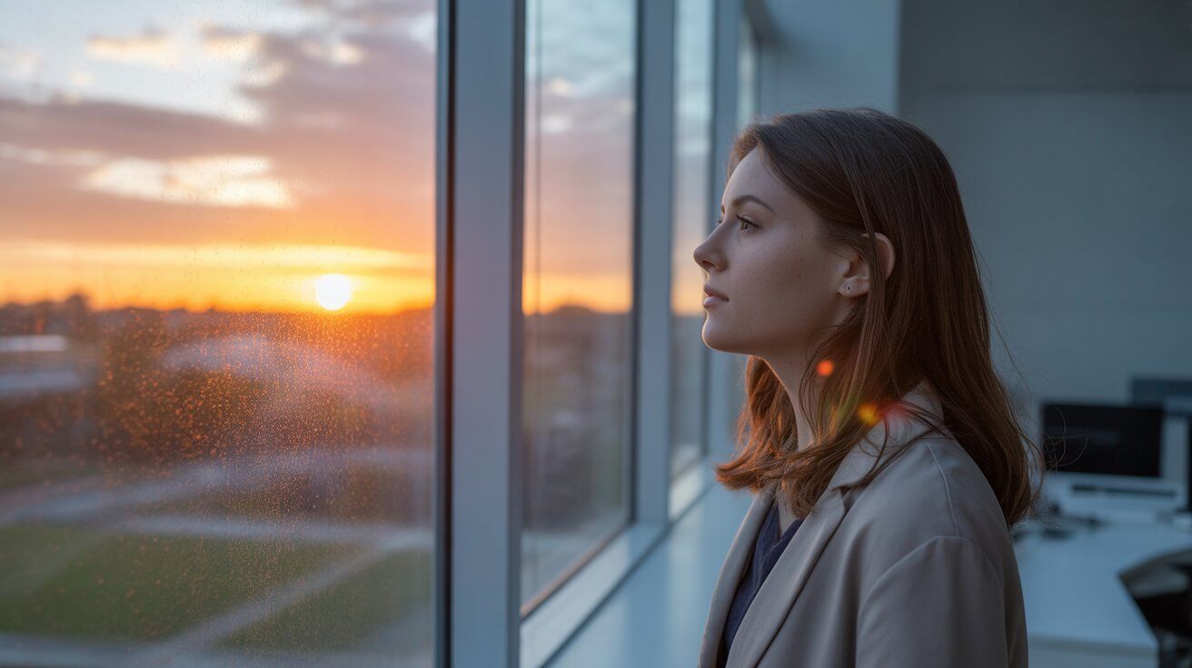 Worker finding peace through prayer while looking at sunrise from office