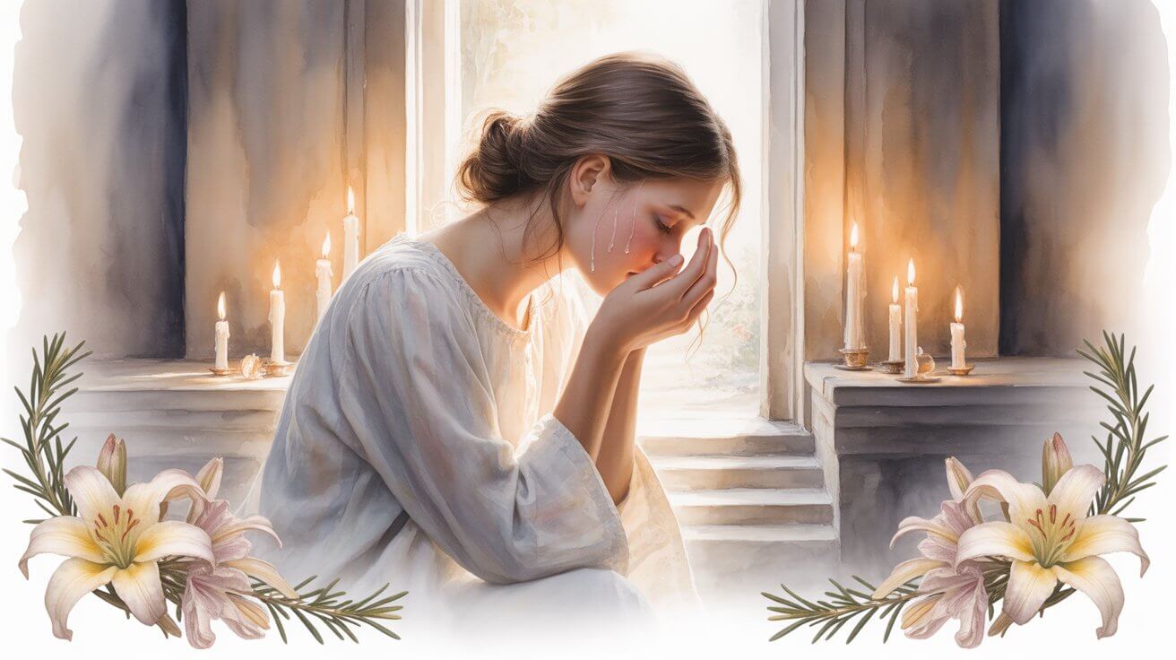Hannah praying earnestly in the temple, depicting her answered prayer for a child in the Bible