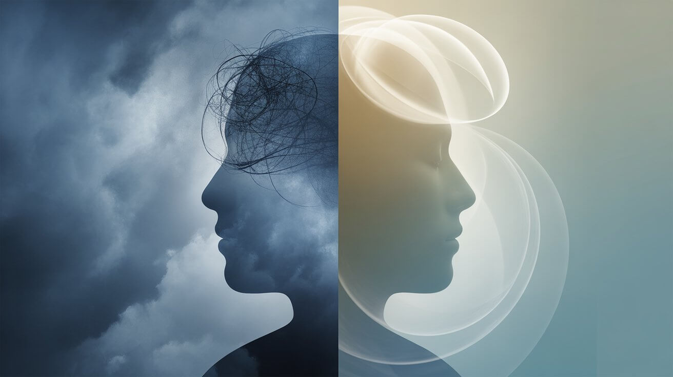 Artistic representation of mental chaos transforming to peace through prayer