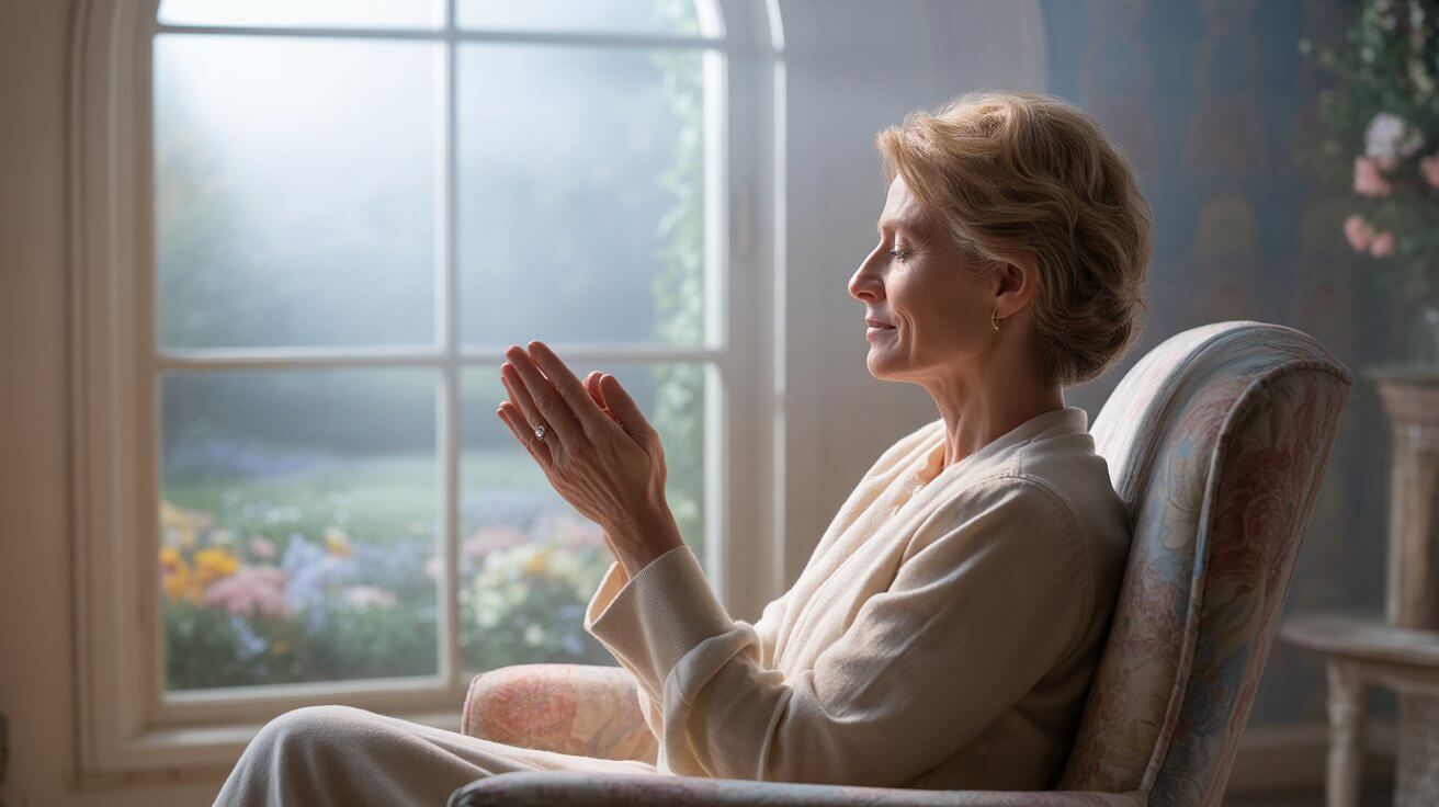 Person praying peacefully by window finding relief from anxiety through prayer