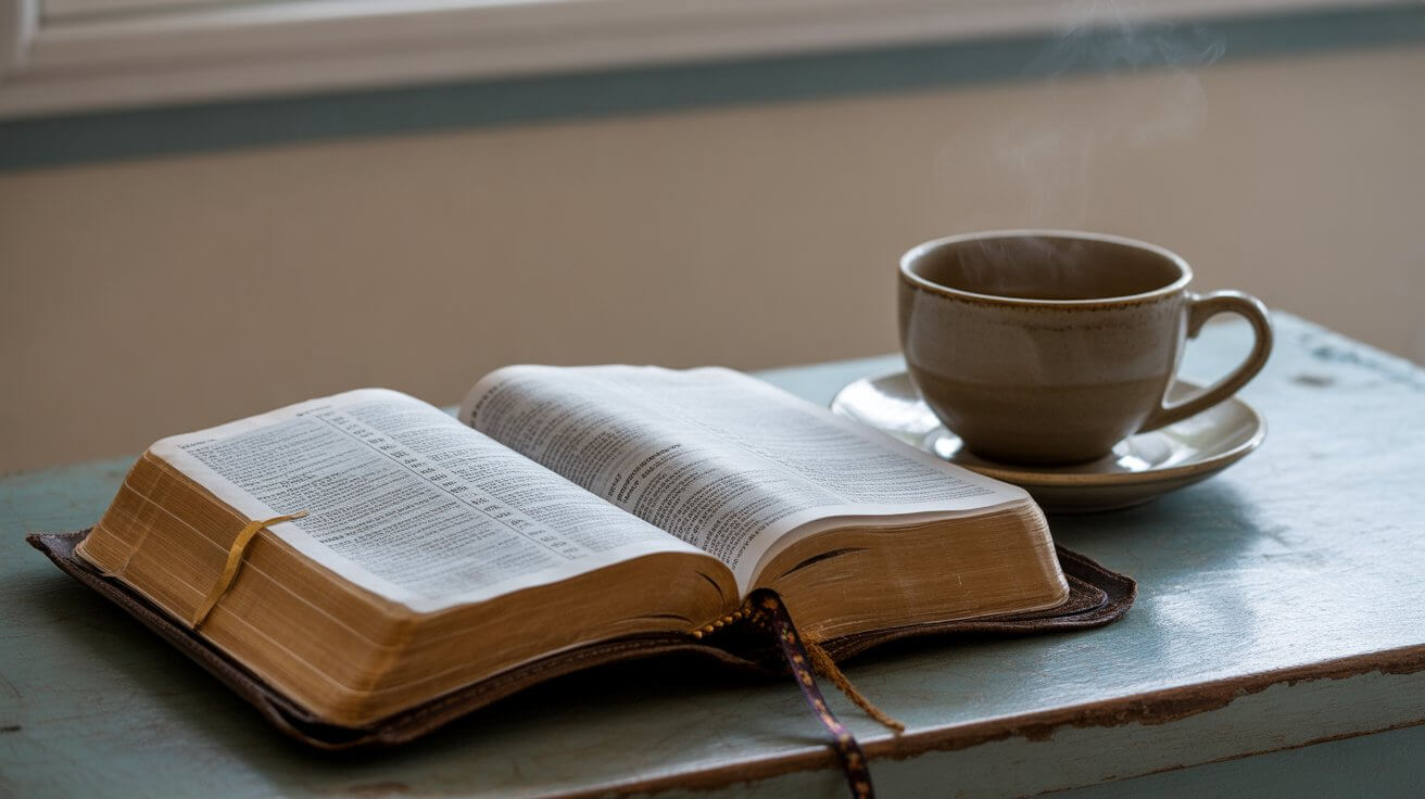 Bible and coffee in peaceful morning setting for prayer and clarity