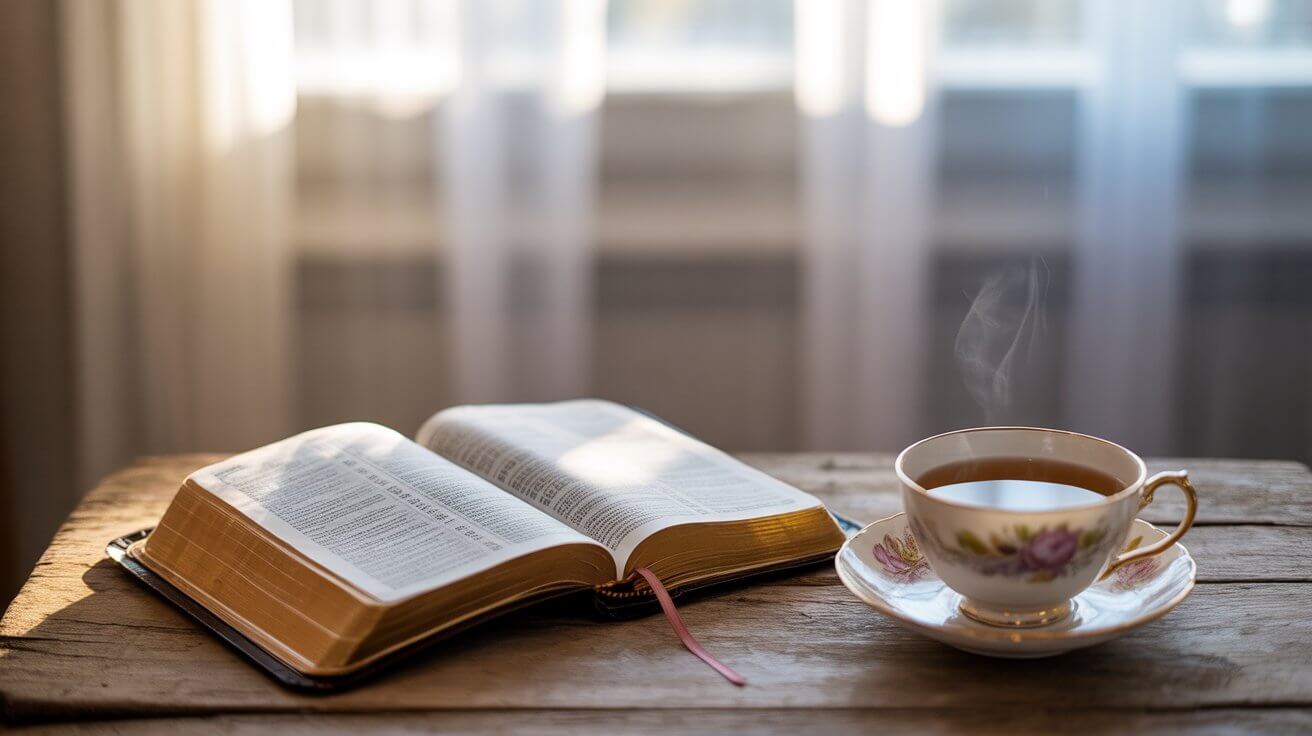 Peaceful morning prayer scene with Bible and soft light for anxiety relief