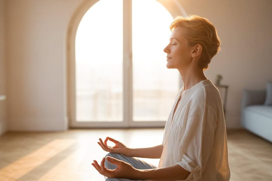 Person praying peacefully in morning sunlight seeking clarity of mind