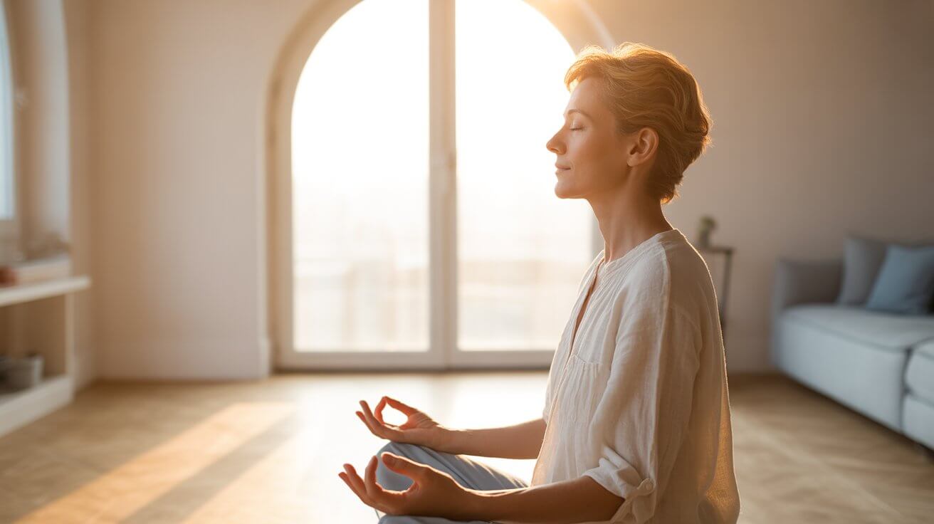 Person praying peacefully in morning sunlight seeking clarity of mind